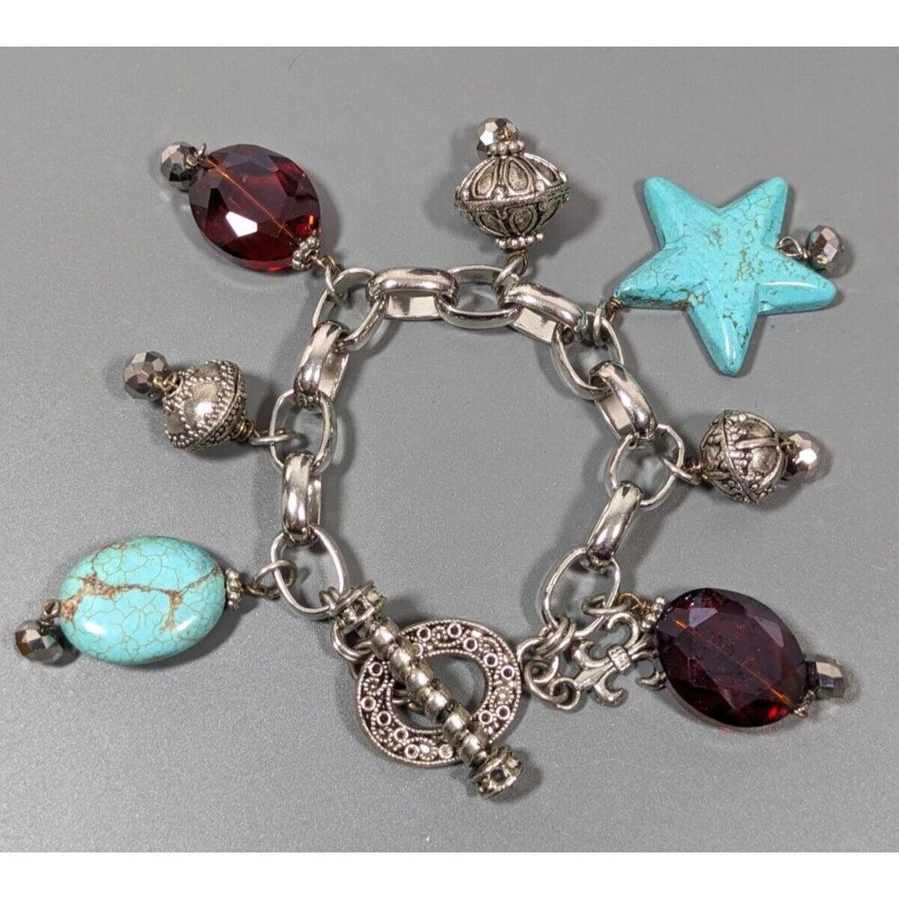 Beachy Coastal Star Blue Stone Faux Turquoise Glass Bead Charm Bracelet 8 inch